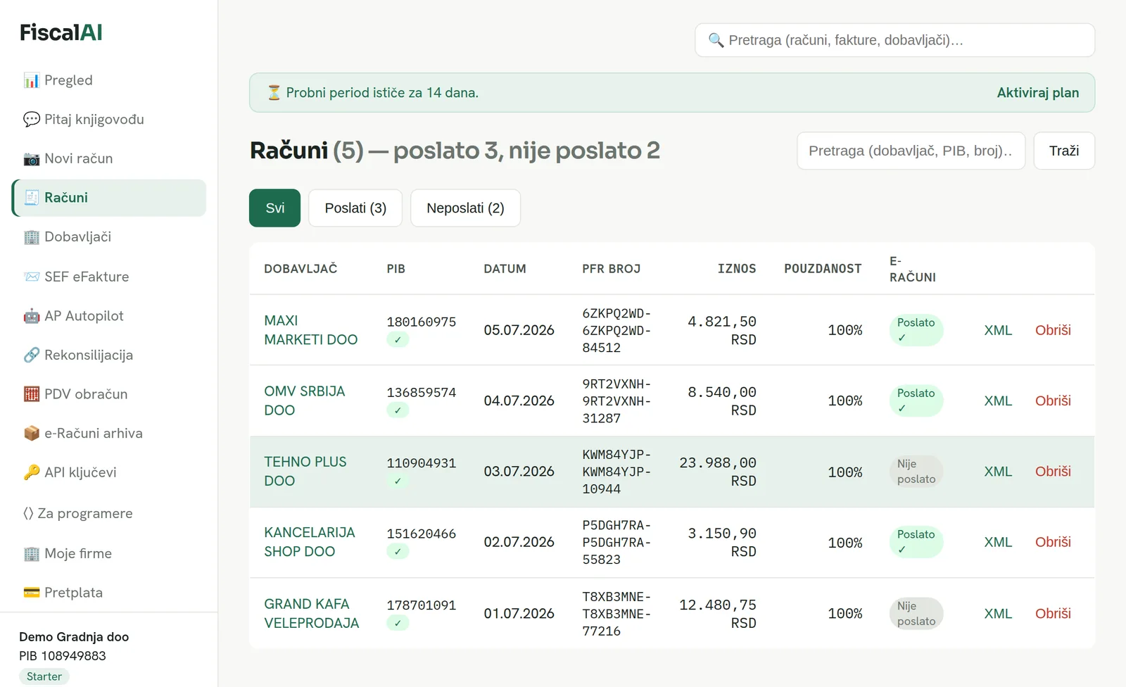 FiscalAI lista računa: dobavljači, PIB validacija, PFR brojevi, pouzdanost i status slanja u e-Račune